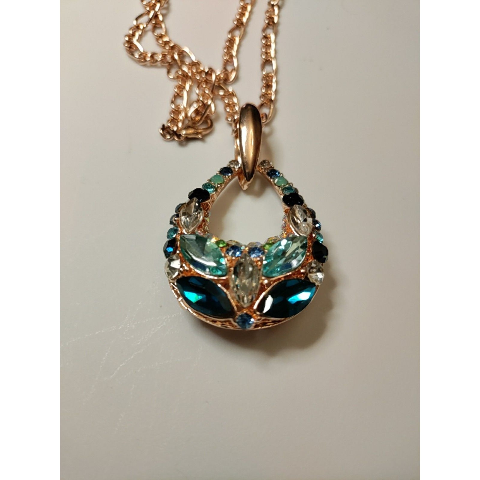 Dark & Light Blue Glass Gold Tone Necklace 26